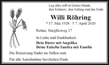 Traueranzeige von Willi Röhring von Frankenpost