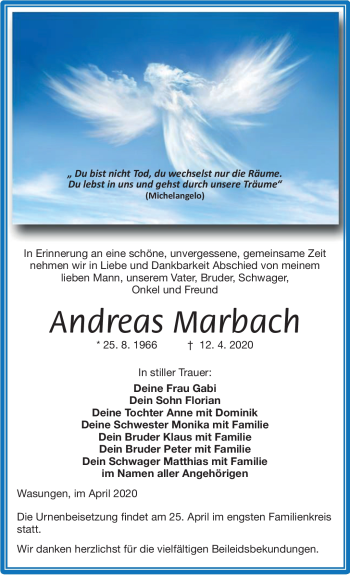 Traueranzeige von Andreas Marbach von Südthüringer Presse