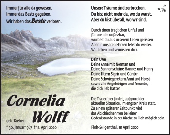 Traueranzeige von Cornelia Wolff von Südthüringer Presse