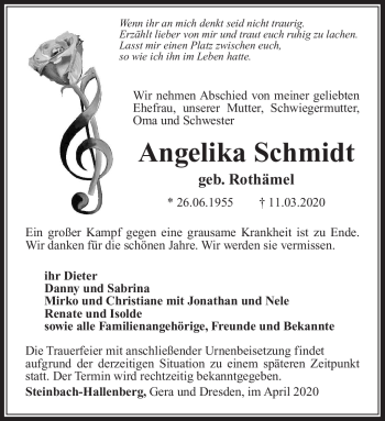 Traueranzeige von Angelika Schmidt von Südthüringer Presse