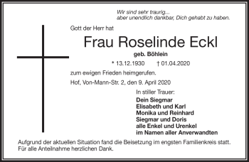 Traueranzeige von Roselinde Eckl von Frankenpost