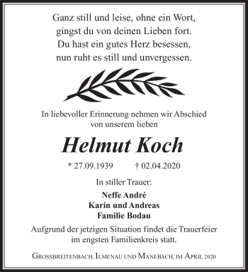 Traueranzeige von Helmut Koch von Südthüringer Presse