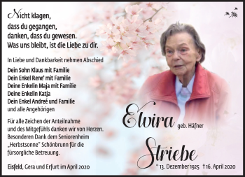 Traueranzeige von Elvira Striebe von Südthüringer Presse