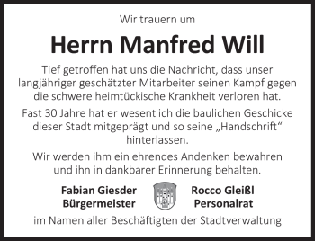 Traueranzeige von Manfred Will von Südthüringer Presse
