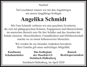 Traueranzeige von Angelika Schmidt von Südthüringer Presse