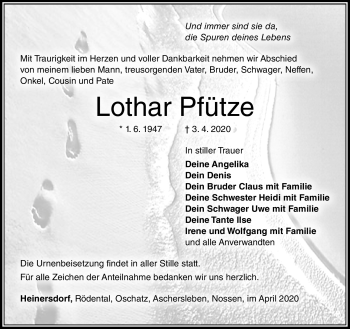 Traueranzeige von Lothar Pfütze von Südthüringer Presse