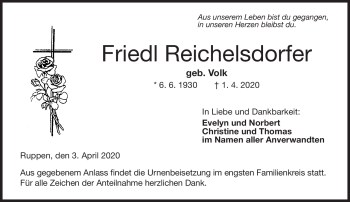 Traueranzeige von Friedl Reichelsdorfer von Neue Presse Coburg