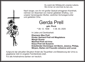 Traueranzeige von Gerda Prell von Frankenpost
