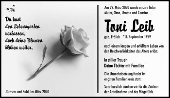 Traueranzeige von Toni Leib von Südthüringer Presse