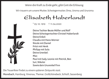 Traueranzeige von Elisabeth Haberlandt von Südthüringer Presse