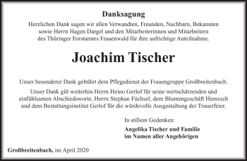 Traueranzeige von Joachim Tischer von Südthüringer Presse