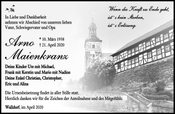 Traueranzeige von Arno Maienkranz von Südthüringer Presse