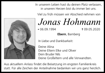 Traueranzeige von Jonas Hohmann von Neue Presse Coburg