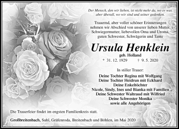 Traueranzeige von Ursula Henklein von Südthüringer Presse