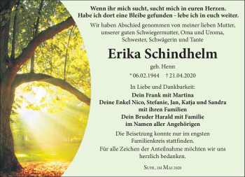 Traueranzeige von Erika Schindhelm von Südthüringer Presse