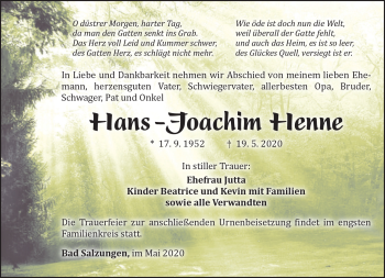 Traueranzeige von Hans-Joachim Henne von Südthüringer Presse