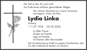 Traueranzeige von Lydia Linka von Frankenpost