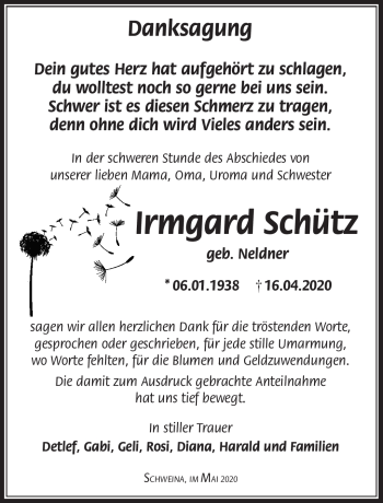 Traueranzeige von Irmgard Schütz von Südthüringer Presse