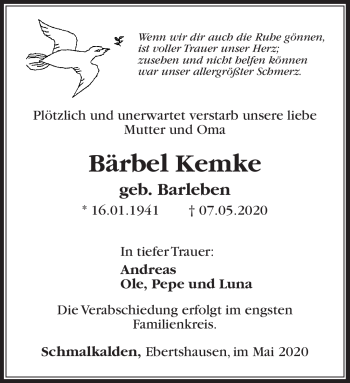 Traueranzeige von Bärbel Kemke von Südthüringer Presse