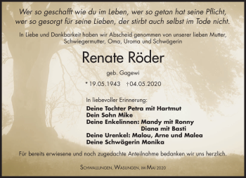 Traueranzeige von Renate Röder von Südthüringer Presse