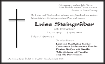 Traueranzeige von Luise Steingrüber von Frankenpost