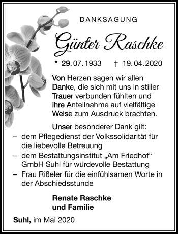 Traueranzeige von Günter Raschke von Südthüringer Presse