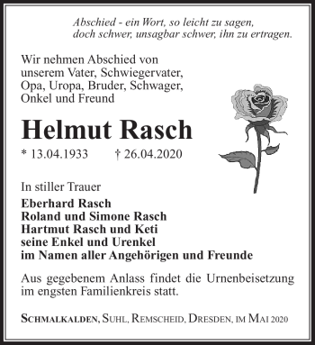 Traueranzeige von Helmut Rasch von Südthüringer Presse