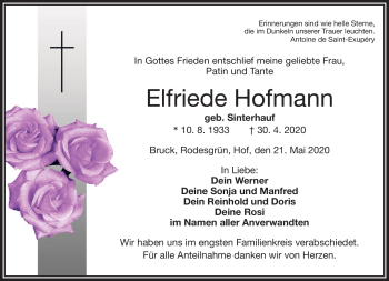 Traueranzeige von Elfriede Hofmann von Frankenpost