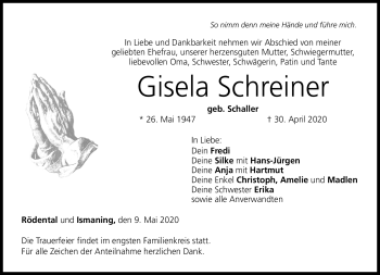 Traueranzeige von Gisela Schreiner von Neue Presse Coburg