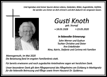 Traueranzeige von Gusti Knoth von Neue Presse Coburg
