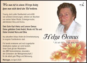 Traueranzeige von Helga Oemus von Südthüringer Presse