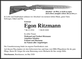 Traueranzeige von Egon Ritzmann von Südthüringer Presse