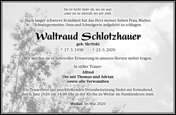 Traueranzeige von Waltraud Schlotzhauer von Südthüringer Presse