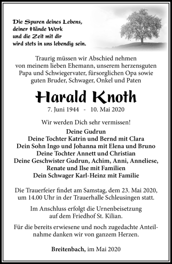 Traueranzeige von Harald Knoth von Südthüringer Presse