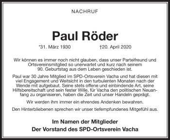 Traueranzeige von Paul Röder von Südthüringer Presse