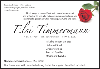 Traueranzeige von Elsi Timmermann von Südthüringer Presse