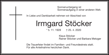 Traueranzeige von Irmgard Stöcker von Frankenpost