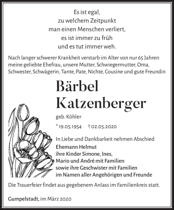 Traueranzeige von Bärbel Katzenberger von Südthüringer Presse