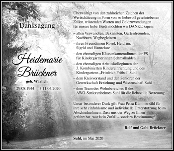 Traueranzeige von Heidemarie Brückner von Südthüringer Presse