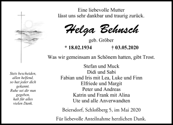 Traueranzeige von Helga Behnsch von Neue Presse Coburg