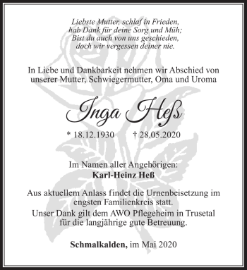 Traueranzeige von Inga Heß von Südthüringer Presse