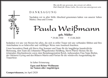 Traueranzeige von Paula Weißmann von Südthüringer Presse