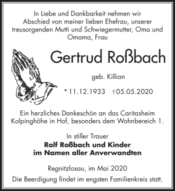 Traueranzeige von Gertrud Roßbach von Frankenpost