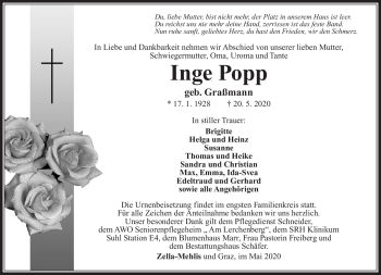 Traueranzeige von Inge Popp von Südthüringer Presse