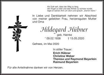 Traueranzeige von Hildegard Hübner von Frankenpost