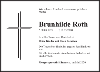 Traueranzeige von Brunhilde Roht von Südthüringer Presse