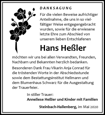 Traueranzeige von Hans Heßler von Südthüringer Presse