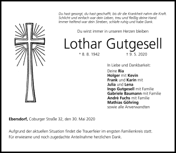 Traueranzeige von Lothar Gutgesell von Neue Presse Coburg
