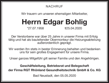 Traueranzeige von Edgar Bohlig von Südthüringer Presse