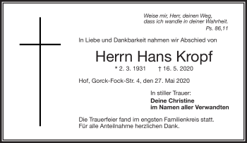 Traueranzeige von Hans Kropf von Frankenpost